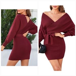 Burgundy wine sweater Christmas holiday wrap deep V neck open back dress medium